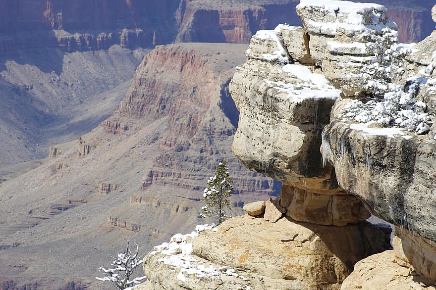 Grand Canyon, φύση, τοπίο, ταξίδι, βράχος, γκρεμός, αμμόπετρα, βουνό, χιόνι, διαβρώθηκε, μεγαλοπρεπής