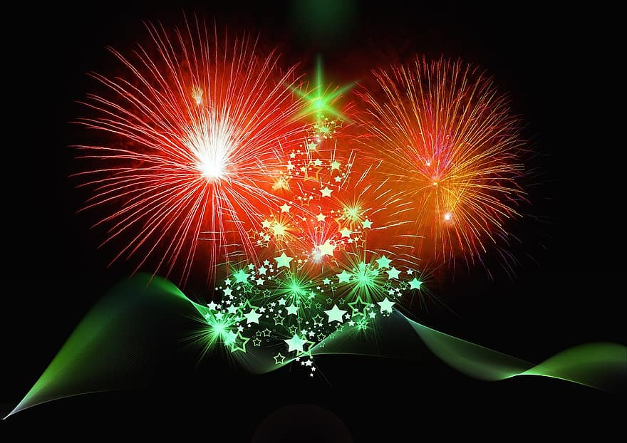 Vánoce, Nový rok, ohňostroj, jedle, maketa, hvězda, vánoční strom, příchod, vánoční pozdrav, motiv