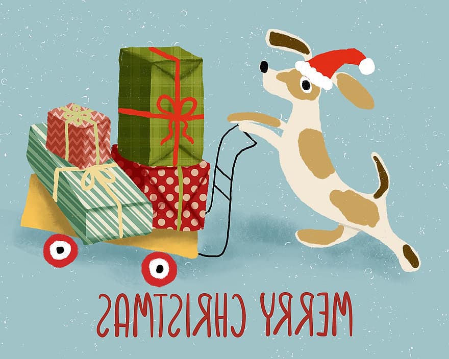 Коледа, реколта, ретро, куче, подаръци, весел, зима, подарък, празненство, илюстрация, сняг