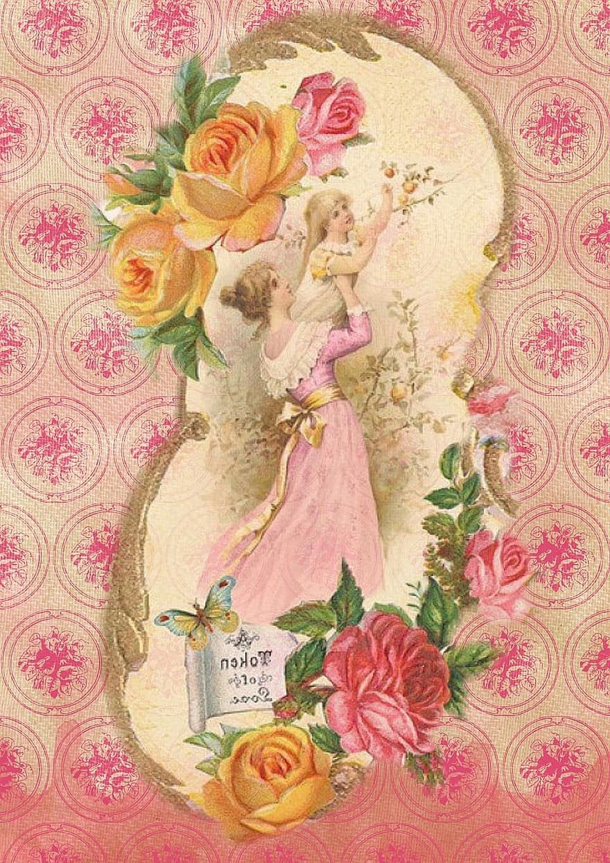 поздравительная открытка, марочный, Роза, старый, викторианский, романтик, романс, цветок, леди, шапка, маскарадный