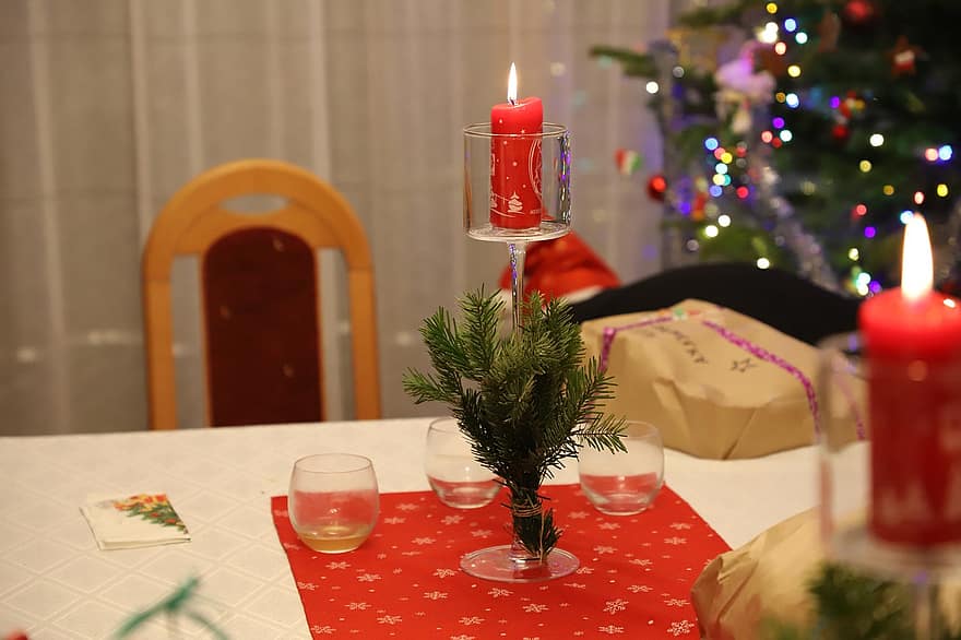 tafel opstelling, Kerstmis, kaars, vakantie, decoratie, viering, huiskamer, tafel, binnenshuis, vlam, boom