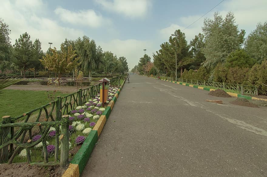 парк, път, Ком, Иран, асфалт, на открито, цветя, пейзаж, градски, лято, зелен цвят
