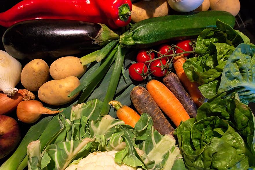 nutrizione, raccogliere, produrre, cipolle, pomodori, carote, patate, scalogno, zucchine, cavolfiore, Pepe
