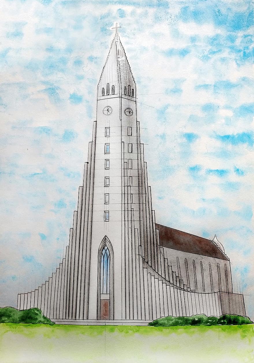Igreja, catedral, religião, aguarela, Islândia, pintura, Reiquiavique, capital