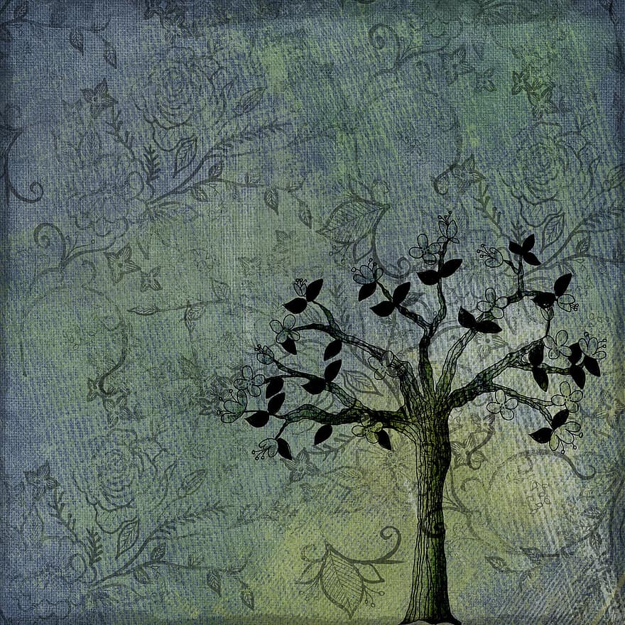 Background, Scrapbook, Tree, Grunge, Green, Night, Abstract, Design, Paper, Texture, Backdrop