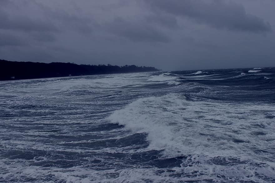 вперед, море, волна, Балтийское море, темно, драматичный, гроза
