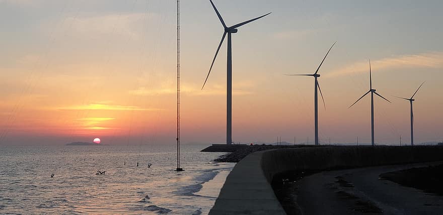 por do sol, moinhos de vento, costa, litoral, de praia, Beira Mar, energia eólica, turbinas eólicas, crepúsculo, mar, oceano