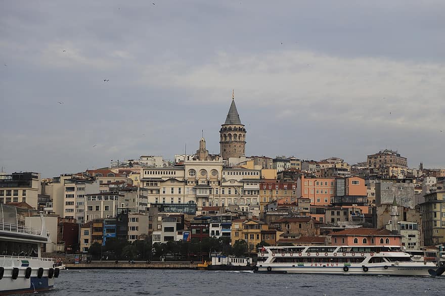 갈라 타, 탑, 이스탄불, 시티, 터키, 건축물, 하늘, 강어귀, ...에, 다리
