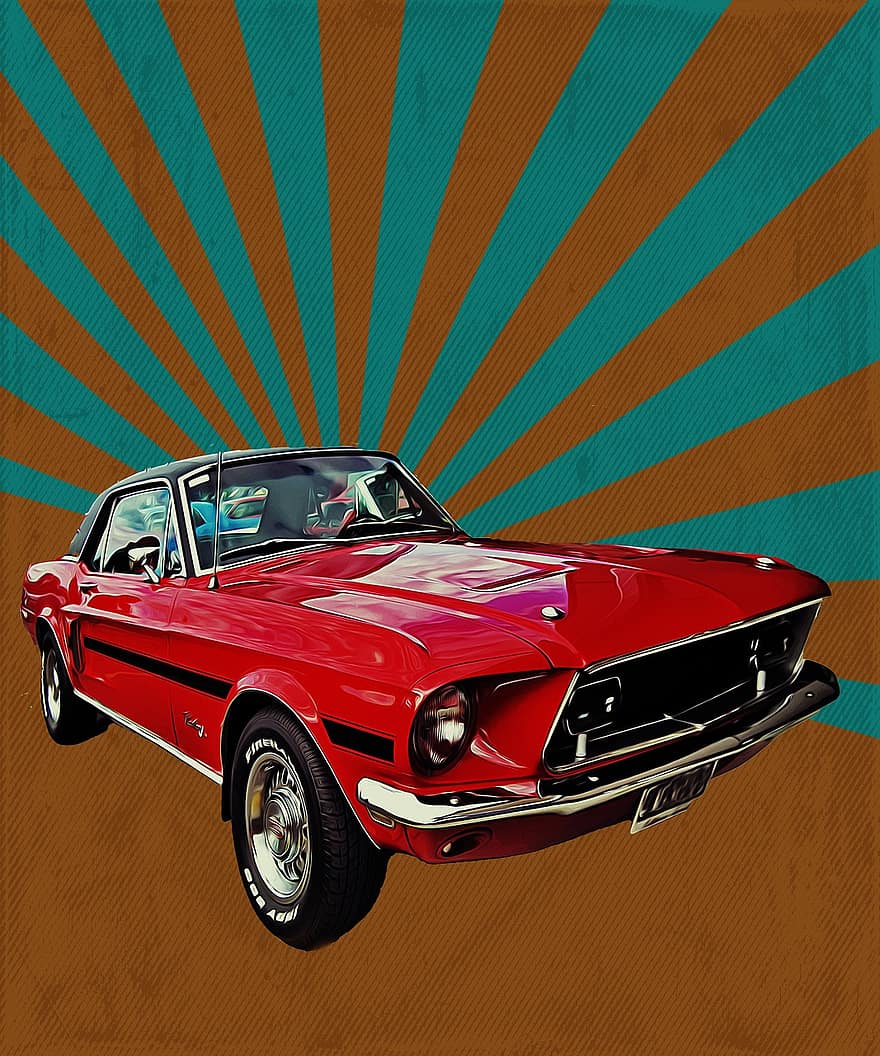 Ford Mustang, carro antiguo, cartel vintage, vado, cartel retro, automóvil, vehículo clásico, Coche clásico, vehículo de época, póster