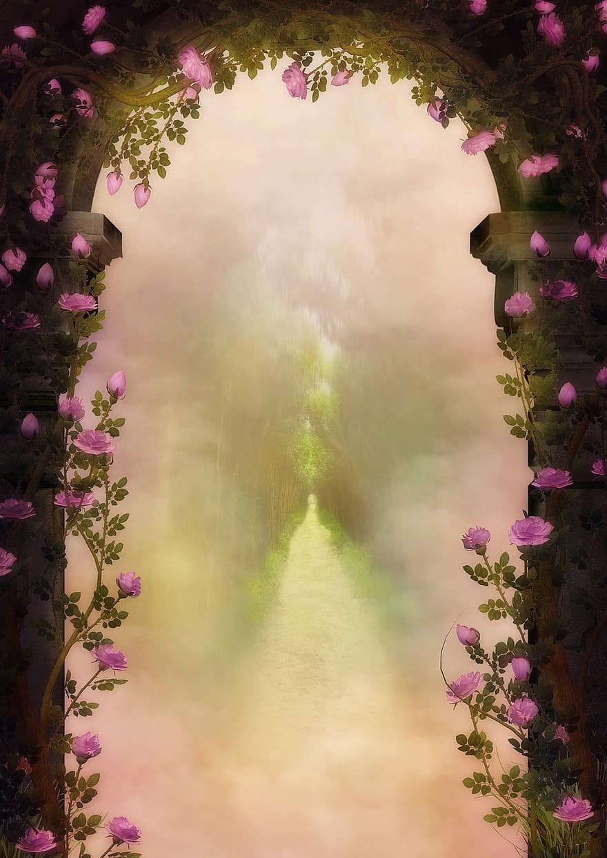 Fantasy, Archway, Roses, Avenue, Trees, Forest, Fog, Ranke, Copy Space, Path, Meadow