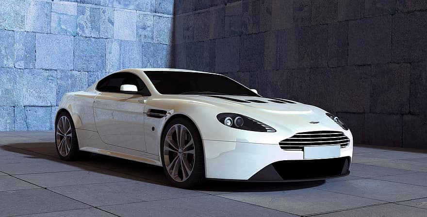 Aston Martin, vantage, sportbil, bil, racerbil, kontur, metallisk, solreflektioner, skugga, hall, stenmur