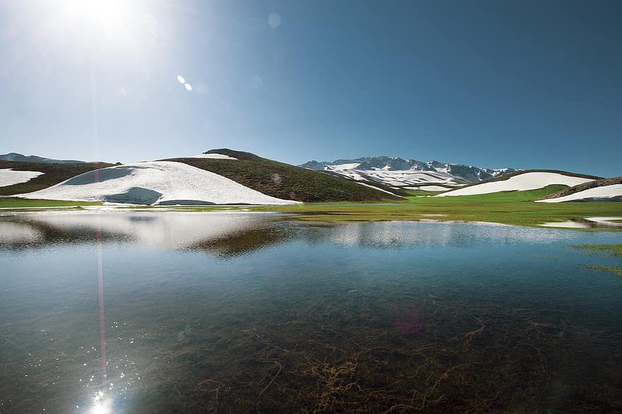 Lake, Hills, Snow, Nature, Mountains, Scenery, Water, Reflection, Sunlight, summer, blue