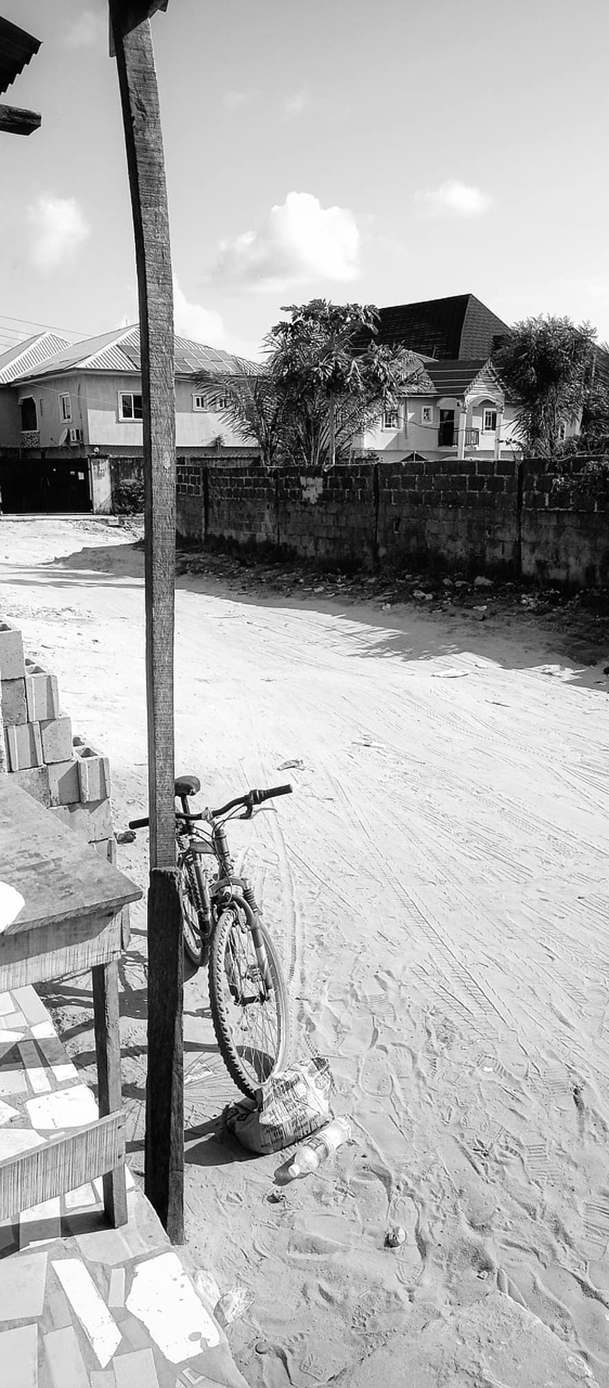 улица, път, Лагос, Черно и бяло, пясък, велосипед, на открито, къщи, квартал