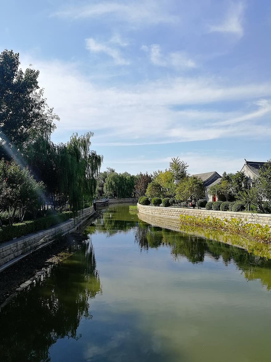 hradní příkop, Architektura čínského stylu, park, letní, voda, strom, krajina, modrý, zelená barva, odraz, tráva
