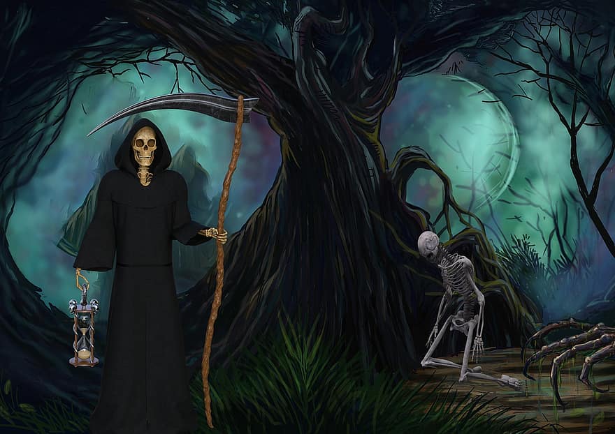 grim reaper, død, fantasi, skog, skjelett, måne, menn, natt, skummelt, illustrasjon, halloween