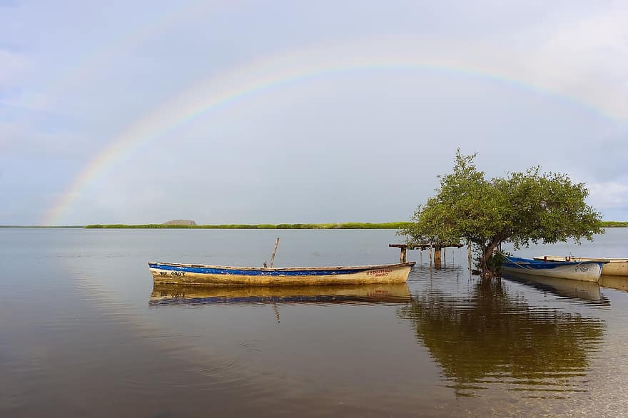 Rainbow, Sky, Nature, Clouds, Travel, Colorful, Landscape, Sea, Scenic, Water, Boat