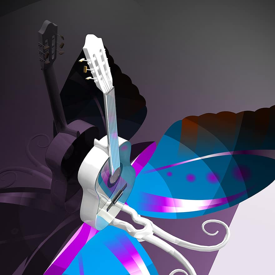 Guitar, Butterfly, Music, Classical Music, White