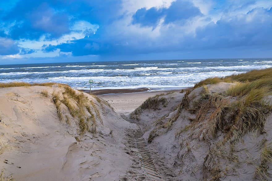 пляж, Северное море, Дания, песок, море, взморье, береговая линия, воды, пейзаж, летом, синий