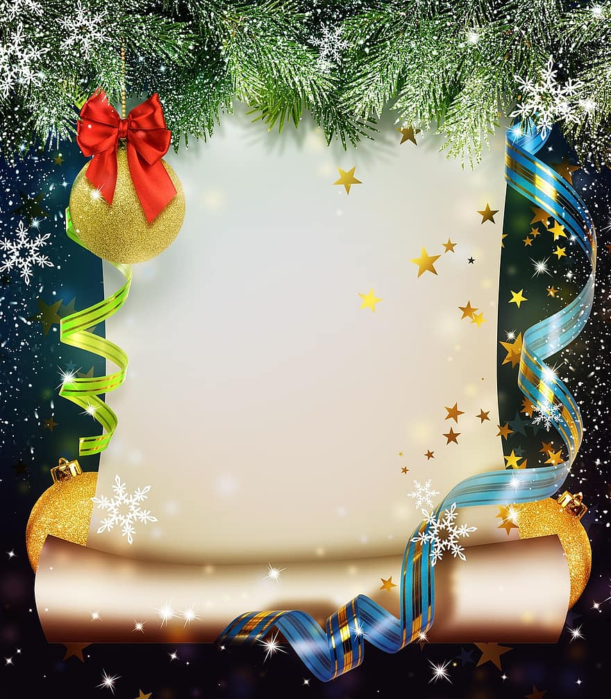 Nadal, any nou, postal, fons, festa, arbre, branques, neu, marc, collage