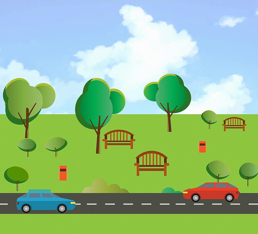 Park bakgrunn, trær, vei, bil, kjøretøy, parkere, transport, grønn, benk, sommer, himmel