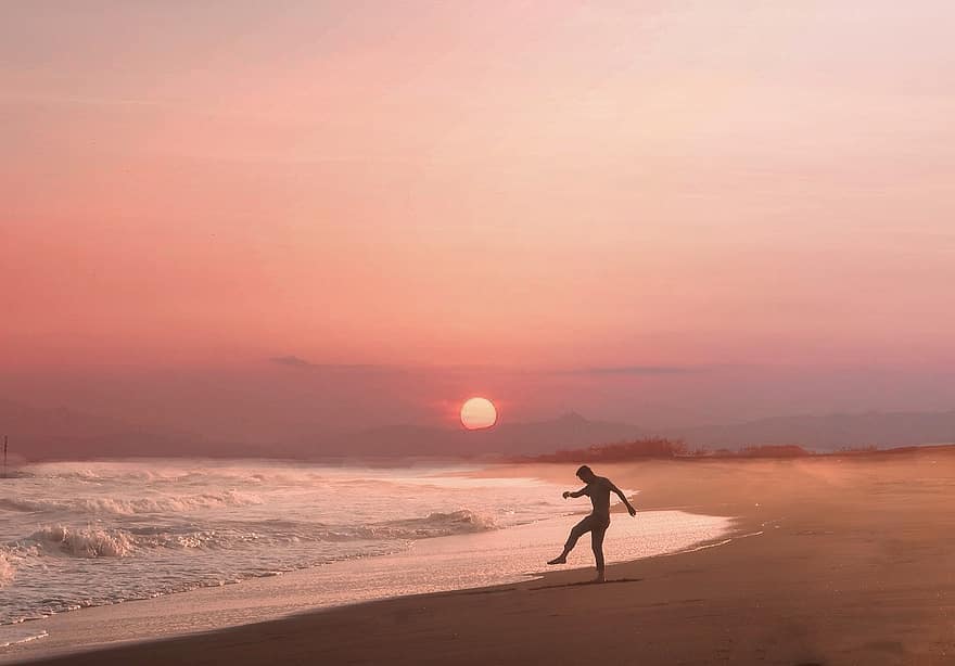 pessoa, silhueta, de praia, oceano, por do sol, ondas, céu, horizonte, período de férias