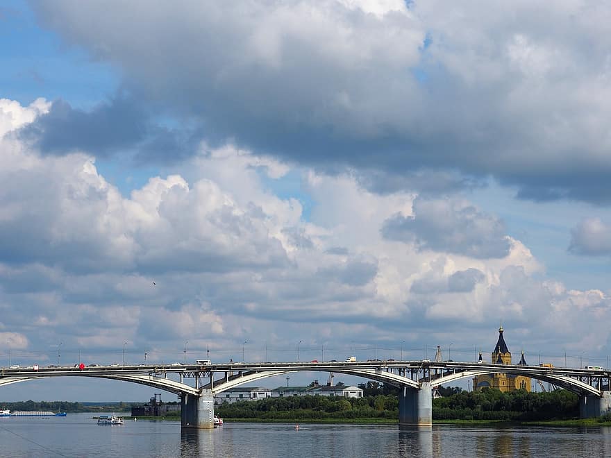 híd, folyó, utazás, idegenforgalom, városi, nizhny novgorod, séta, építészet, híres hely, városkép, kék