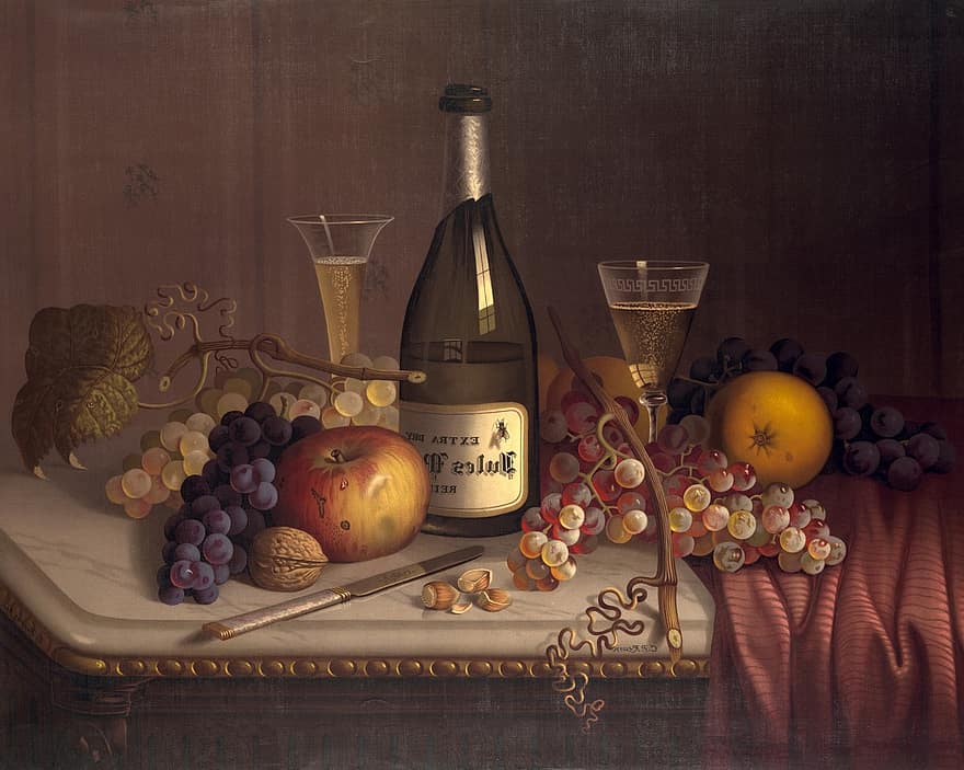 Still Life, Painting, Traditional, Oil, Harvest, Fruit, Wine, Vintage, Brown Life, Brown Wine, Brown Painting