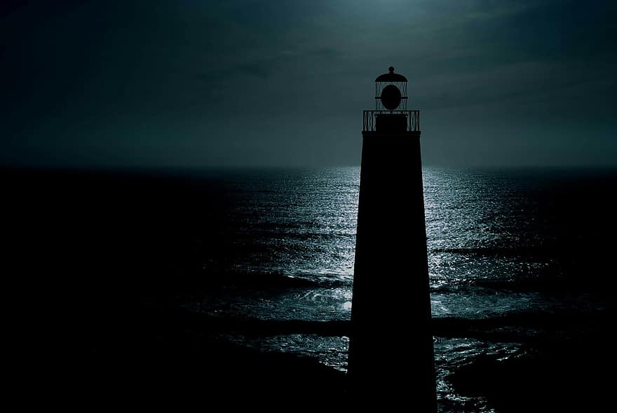 Lighthouse, Ocean, Night, Beauty, Scene, Water, Sea, Horizon, Moon, Glow, Old