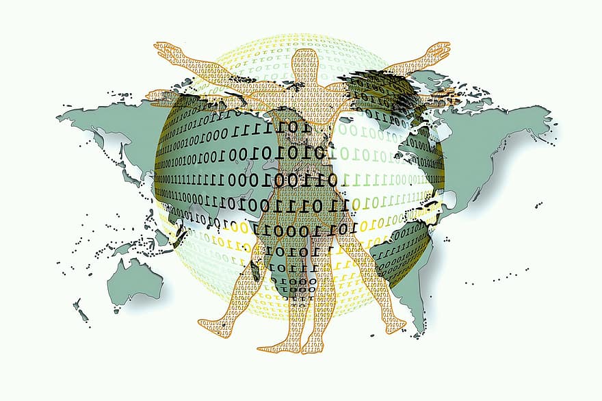 человек, двоичный, код, земной шар, континенты, компьютер, цифровой, сеть, программирование, интернет, связь