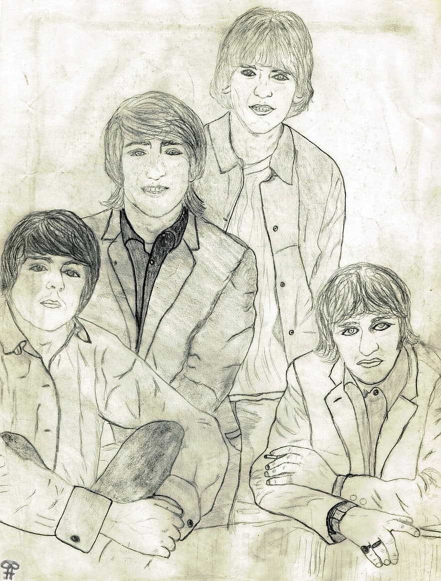 البيتلز ، رسم ، الرسم بقلم الرصاص ، رسم مرسومة باليد ، اسود و ابيض ، صورة ، يوحنا ، بول ، جورج