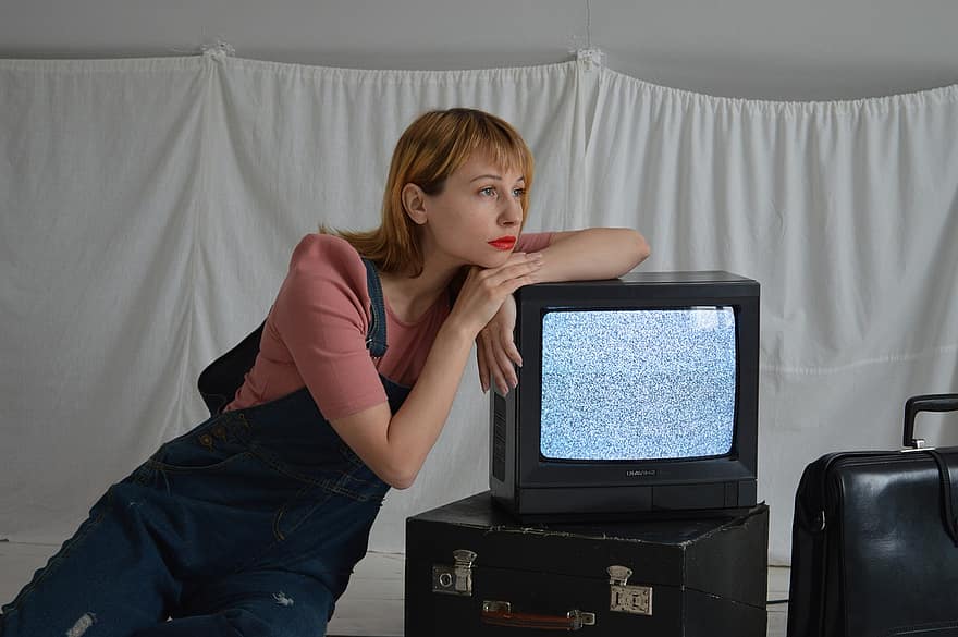 Woman, Television, Vintage, Retro, Old Tv, Old Things, Suitcases, Bags, Girl With Tv, Fashion, Denim Jumpsuit