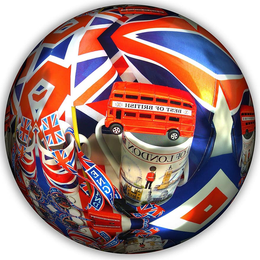 ball, rund, british, Storbritannia, Engelsk, Union Jack, flagg, buss, dobbel decker, to-etasjes-buss, kopp
