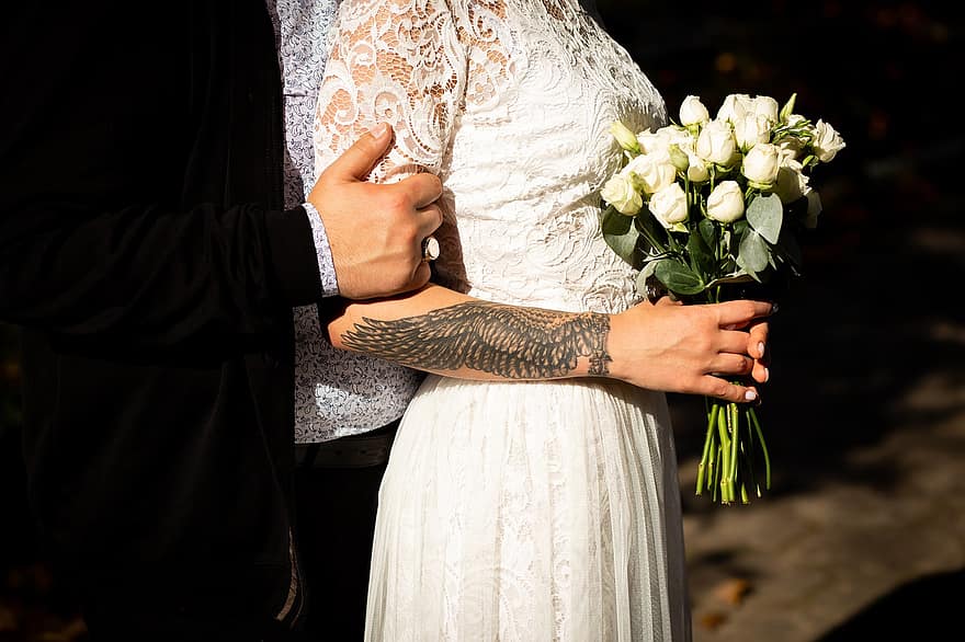 bröllop, par, brud, tatuering, fru, relation, man, klänning, kärlek