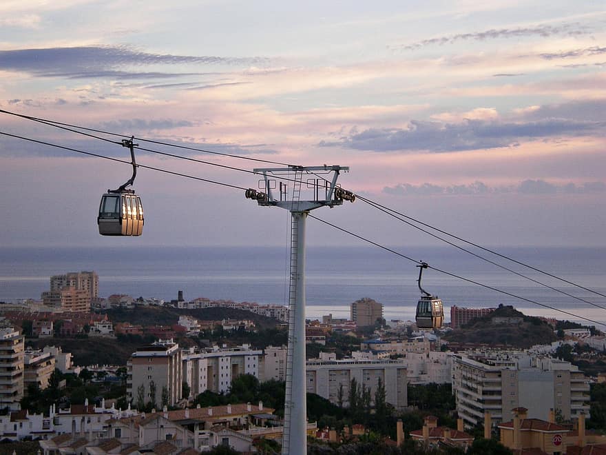 Sunrise, Gondola, Cable Car, Wires, Transport, Costa Del Sol