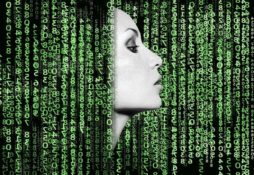 sieviete, kodu, matrica, ai, mākslīgi, izlūkošana, numurus, sejas, robots, dators, galvu
