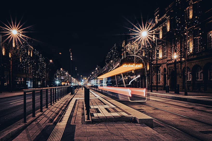Tram, Rails, Transport, Urban, City, Lights, Long Exposure, night, illuminated, architecture, city life