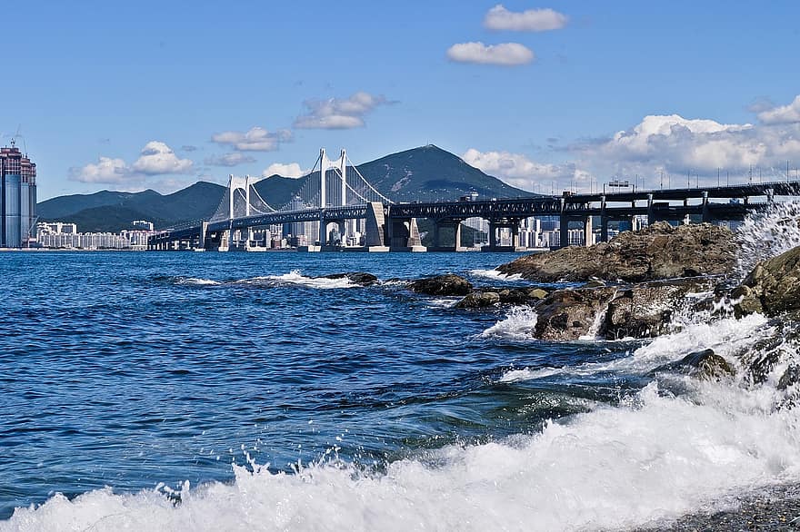 jembatan, ombak, batu, laut, kota, bangunan, pantai, air, alam, pemandangan laut, biru