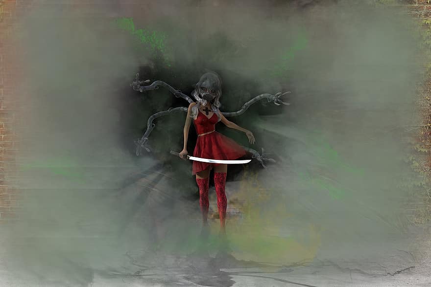 Sword, Woman, Attack, Fantasy, Mask, Mist, Fighter, Character, Fear, women, one person