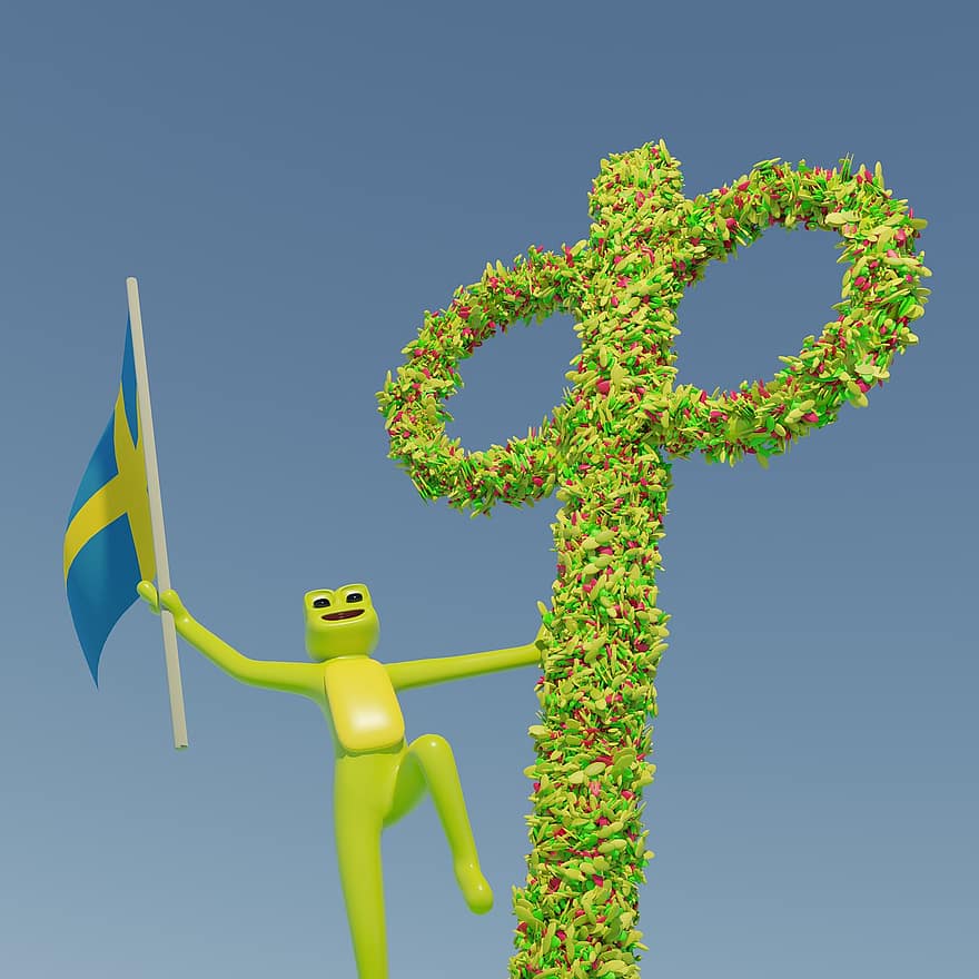 letní slunovrat, Švédsko, tradice, žába, vlajka, májka, tanec, muži, symbol, úspěch, ilustrace
