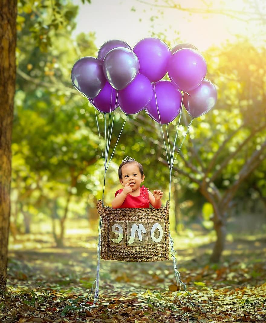 baby, varmluftballon, første fødselsdag, lille barn, lille pige, barn, landskab, natur, ballon, nuttet, sjovt