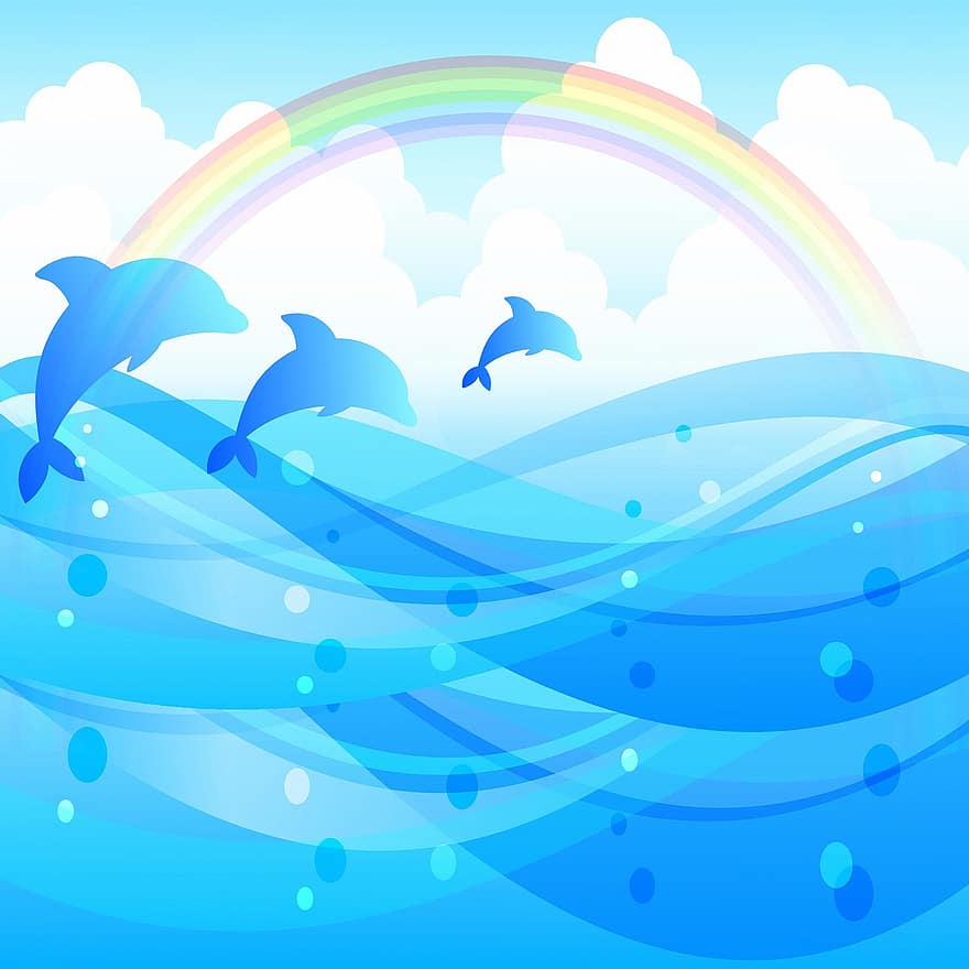 Fundo de golfinho, golfinhos, mar, arco Iris, agua, azul, oceano, peixe, desenhar, místico, embaixo da agua