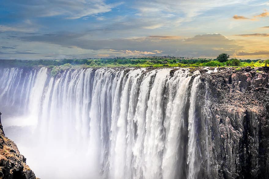cascadas, en cascada, torrente, horizonte, cielo, nubes, acantilados, fluir, agua que fluye, cascada, África