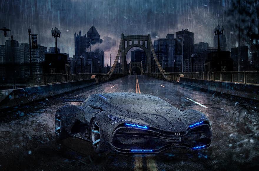 Car, Rain, Race, Speed, night, cityscape, transportation, traffic, dark, city life, sport