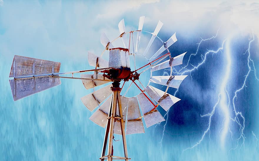 molí de vent, tempesta, llamps, equipament agrícola, pluja, Agricultura, paisatge, atmosfera, blau, hèlix, estiu