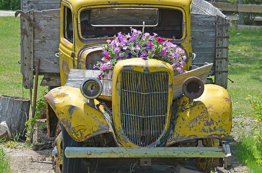 vintage, smagā mašīna, ziedi, apdare