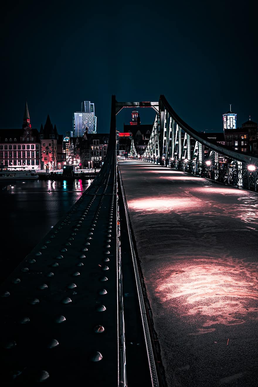 мост, сгради, нощ, светлини, град, градски, архитектура, Франкфурт, Германия, вечер, силует