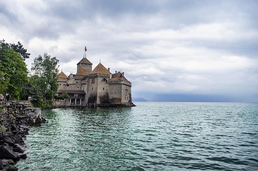 Lake, Castle, Sky, Clouds, Switzerland