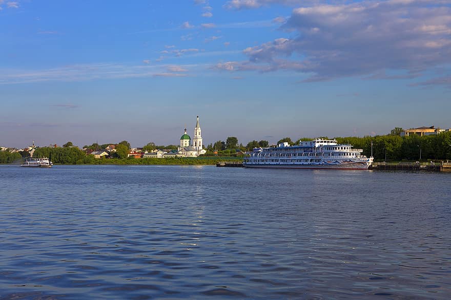 kloster, flod, båt, kust, Volga, stad, nautiska fartyget, vatten, resa, sommar, känt ställe