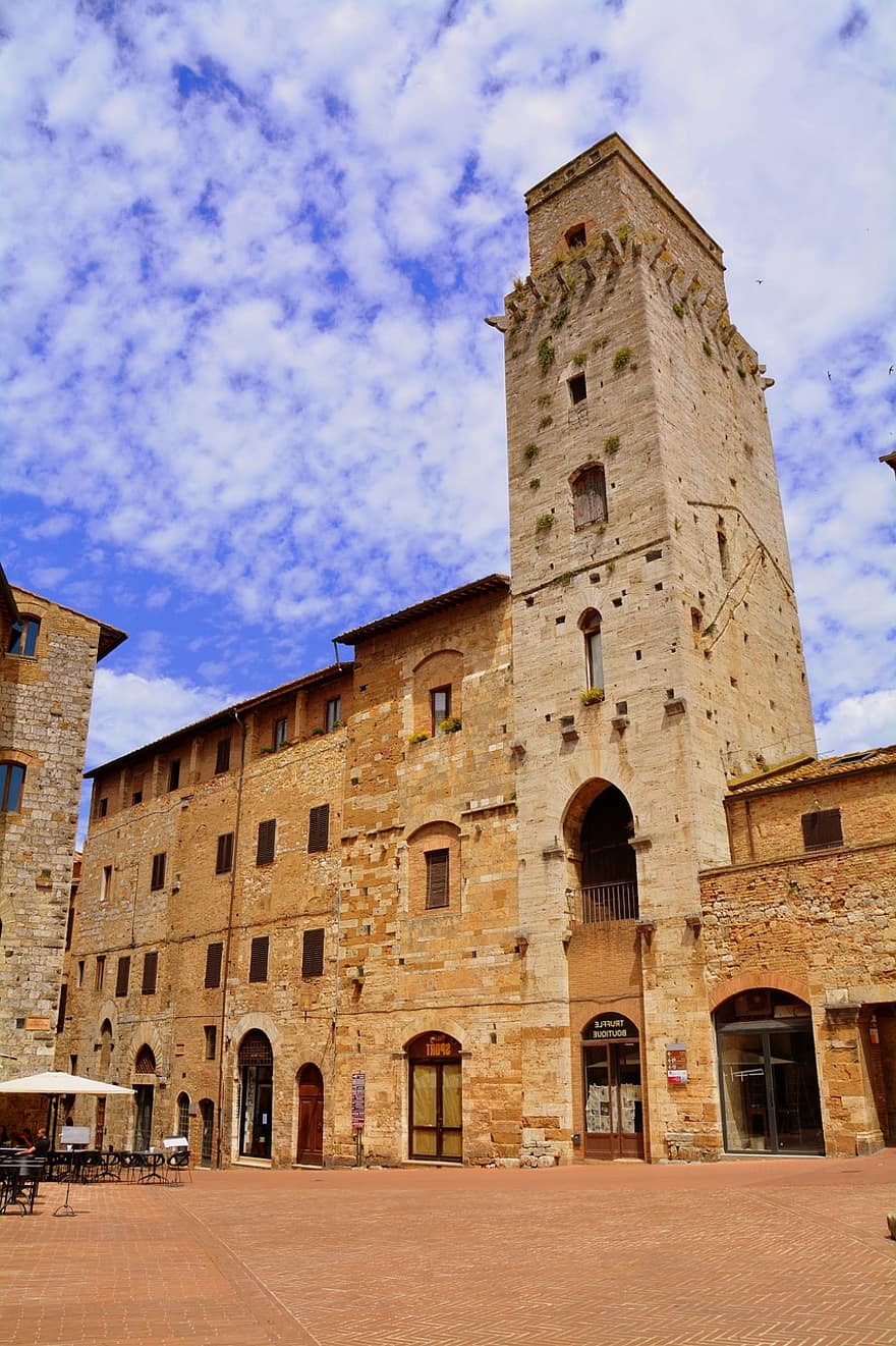 Torre, Palaces, Ancient, Sky, Clouds, Architecture, Construction, Saint Gimignano, Tuscany, Italy