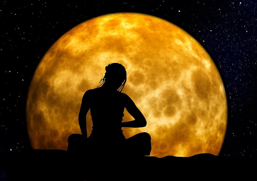 dona, silueta, meditació, ioga, contemplació, arbre, kahl, lluna, fons, nit, tarda